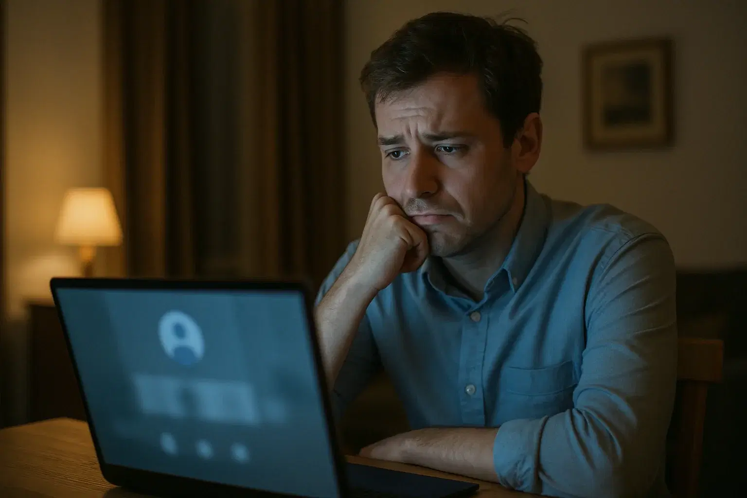 A candidate at home looking uneasy during a video interview lit by a laptop screen
