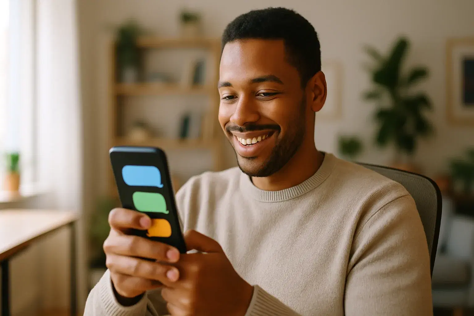 A candidate smiling at a phone showing a fast reply during a recruiting conversation