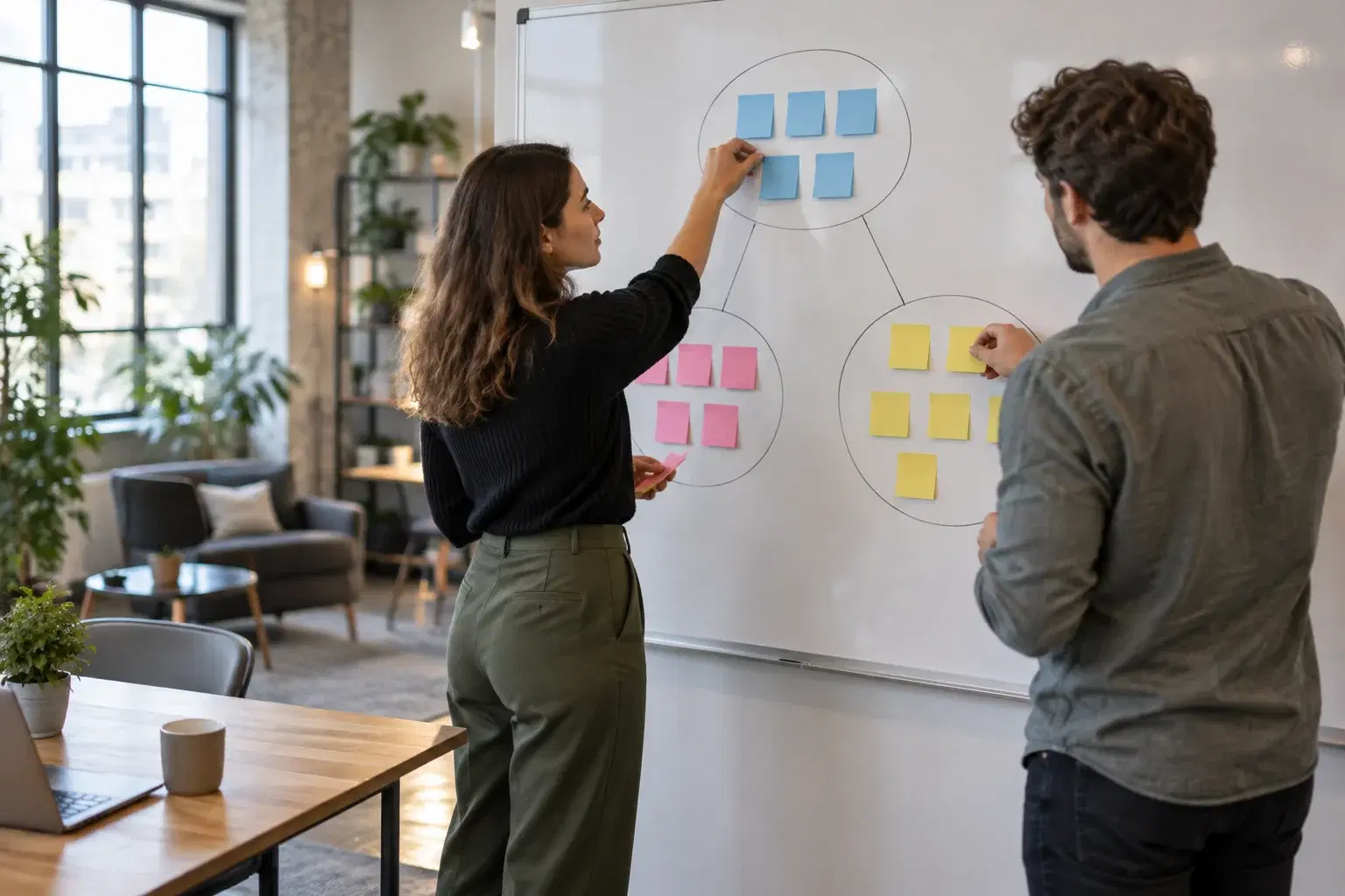 Two recruiters at a whiteboard grouping blank index cards into connected clusters while planning a Boolean search string
