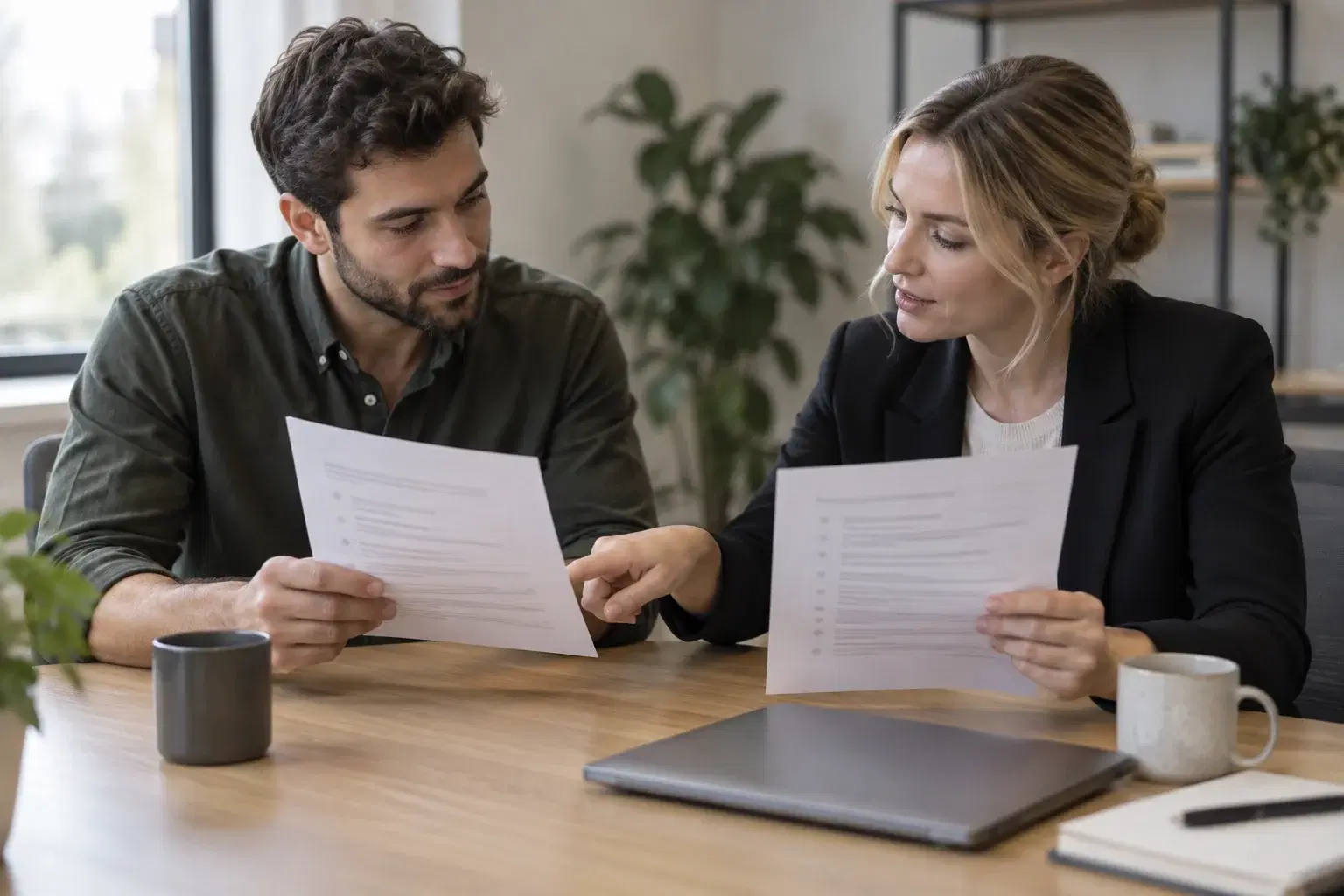 Two recruiters at a meeting table comparing two printed candidate shortlists side by side