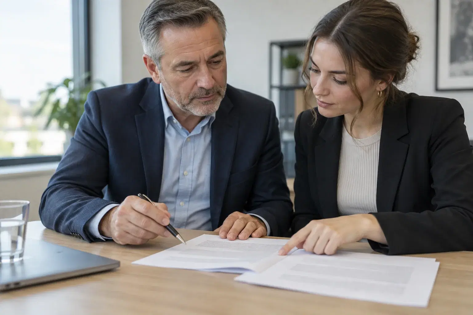 Two staffing agency colleagues at a meeting table reviewing a printed audit document with a pen, checking an automation tool before rollout