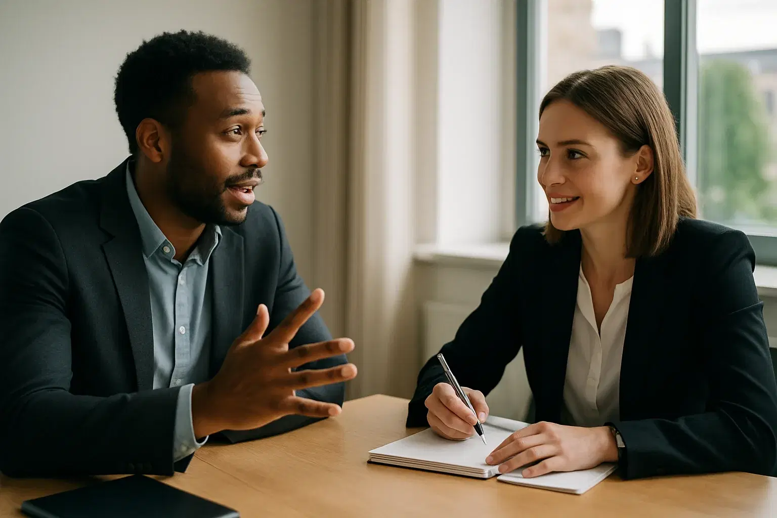 Two business professionals in a genuine conversation across a table, one taking notes