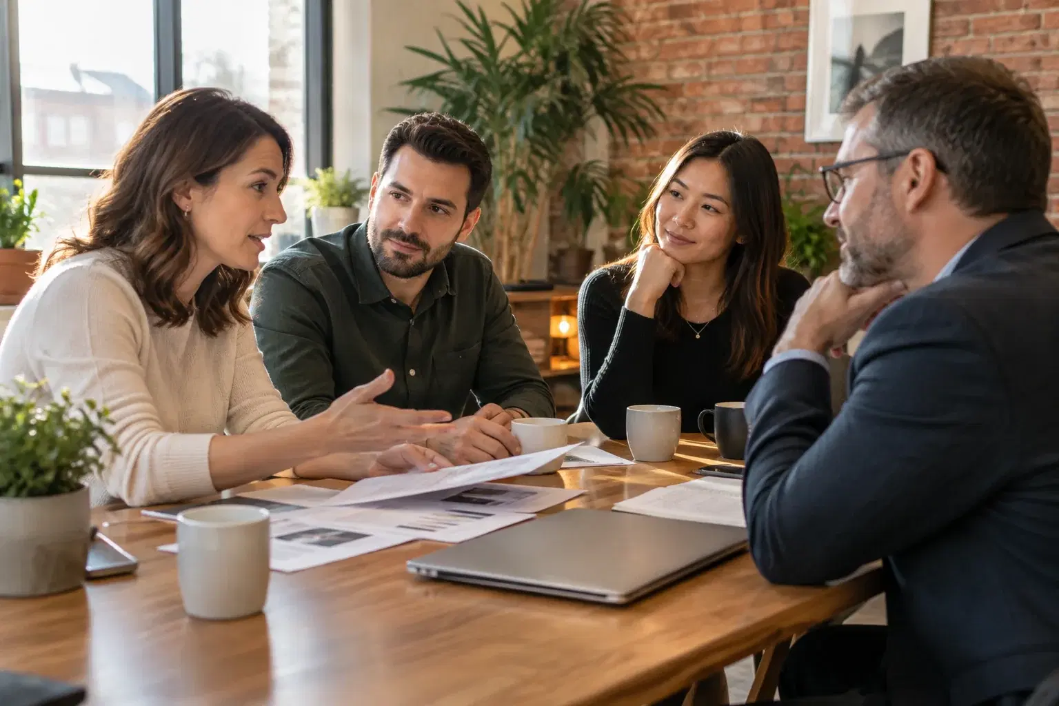 A staffing agency team reviewing a client recruitment programme's weekly results with the client's hiring manager around a meeting table
