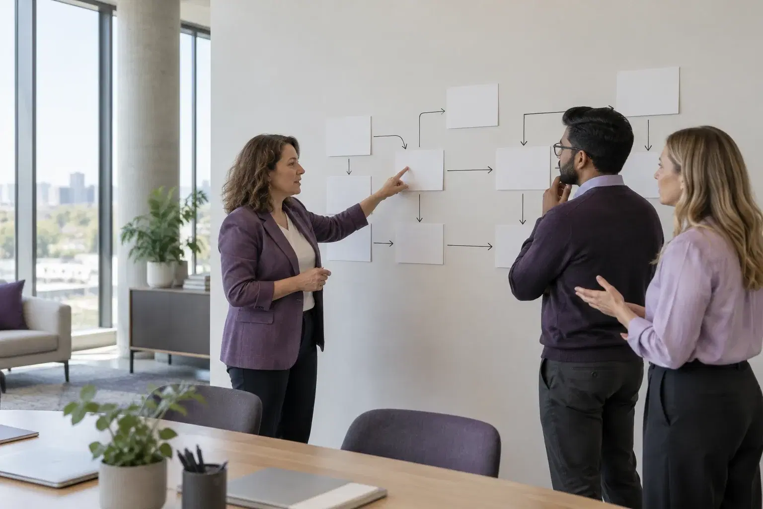 An HR leader and an embedded recruitment process outsourcing team mapping a hiring process together on a wall of blank cards