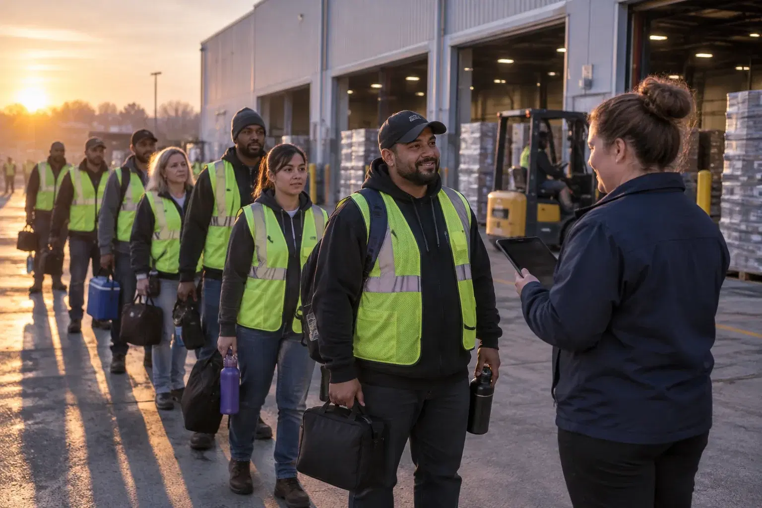 Staffing agency coordinator checking in a new shift of warehouse temp workers in hi-vis vests at dawn during a high-volume recruiting drive
