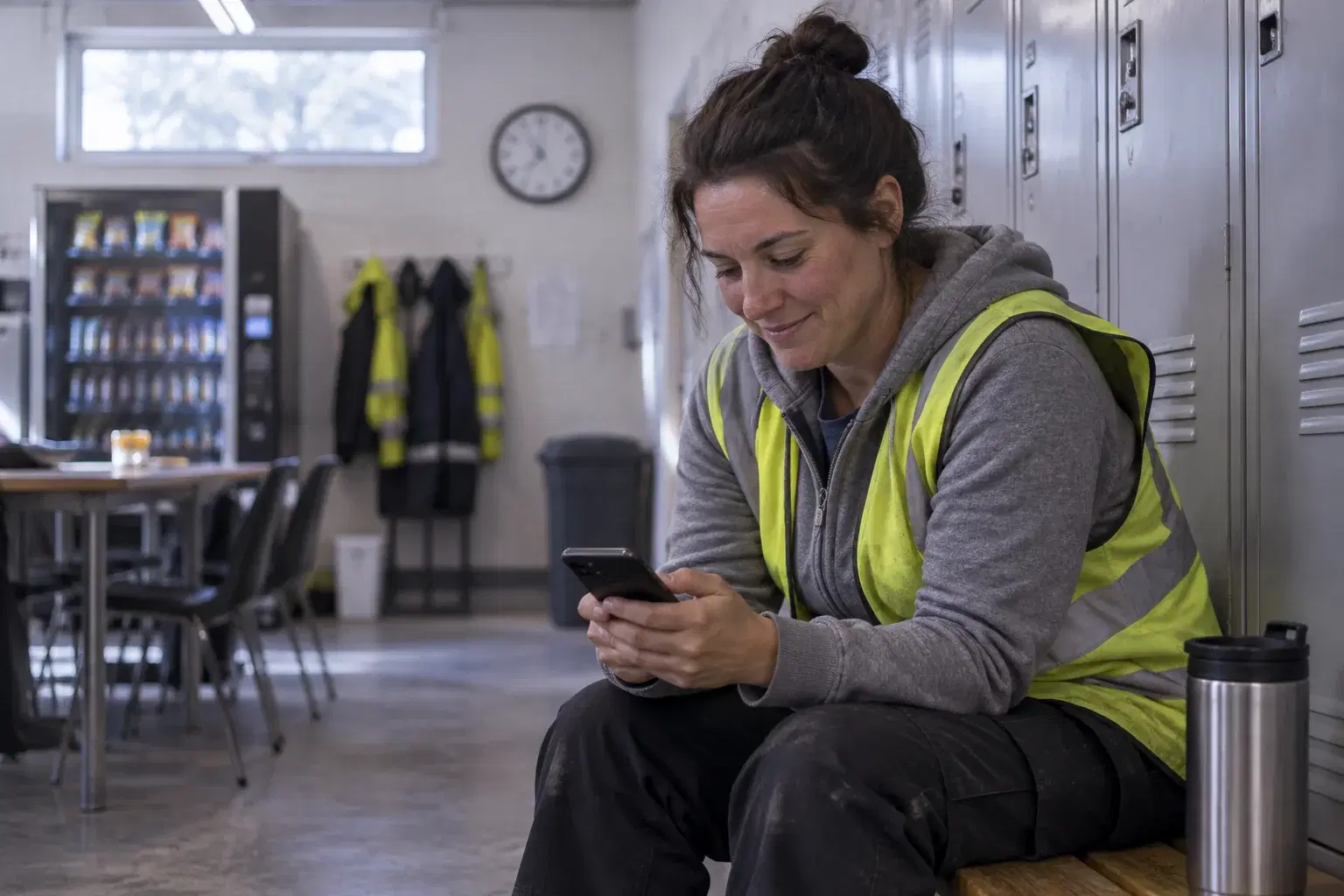 Warehouse temp worker in a hi-vis vest reading a text message about the next assignment on a break-room bench