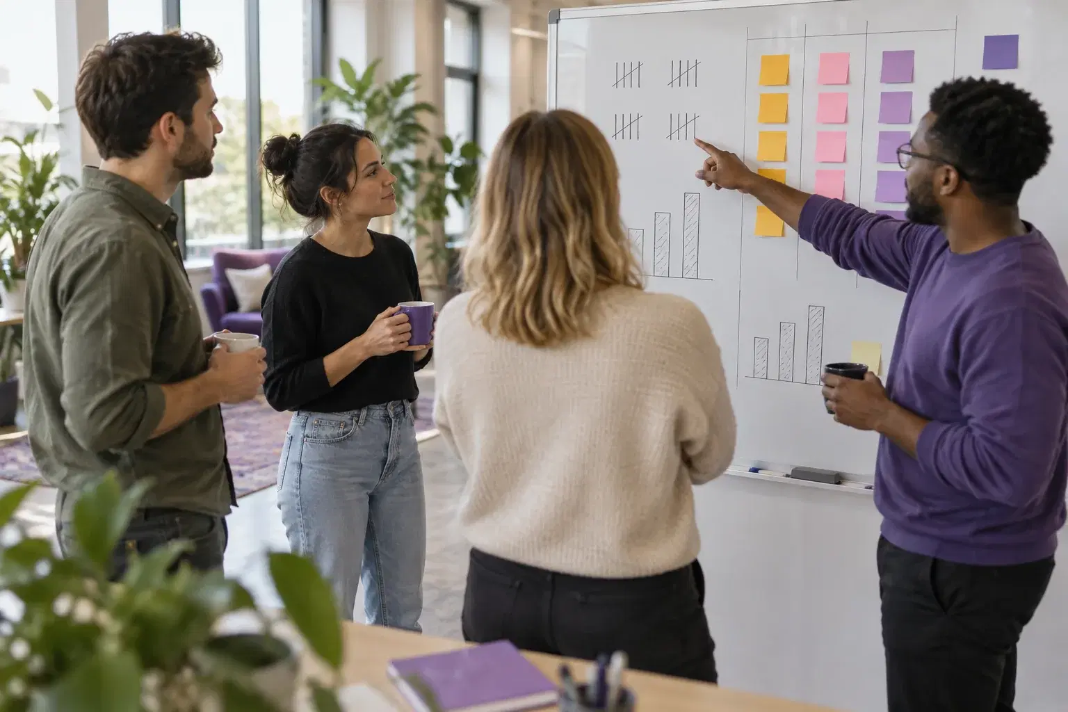 A staffing agency team in a Monday desk huddle around a whiteboard covered in tally marks, reviewing recruitment metrics