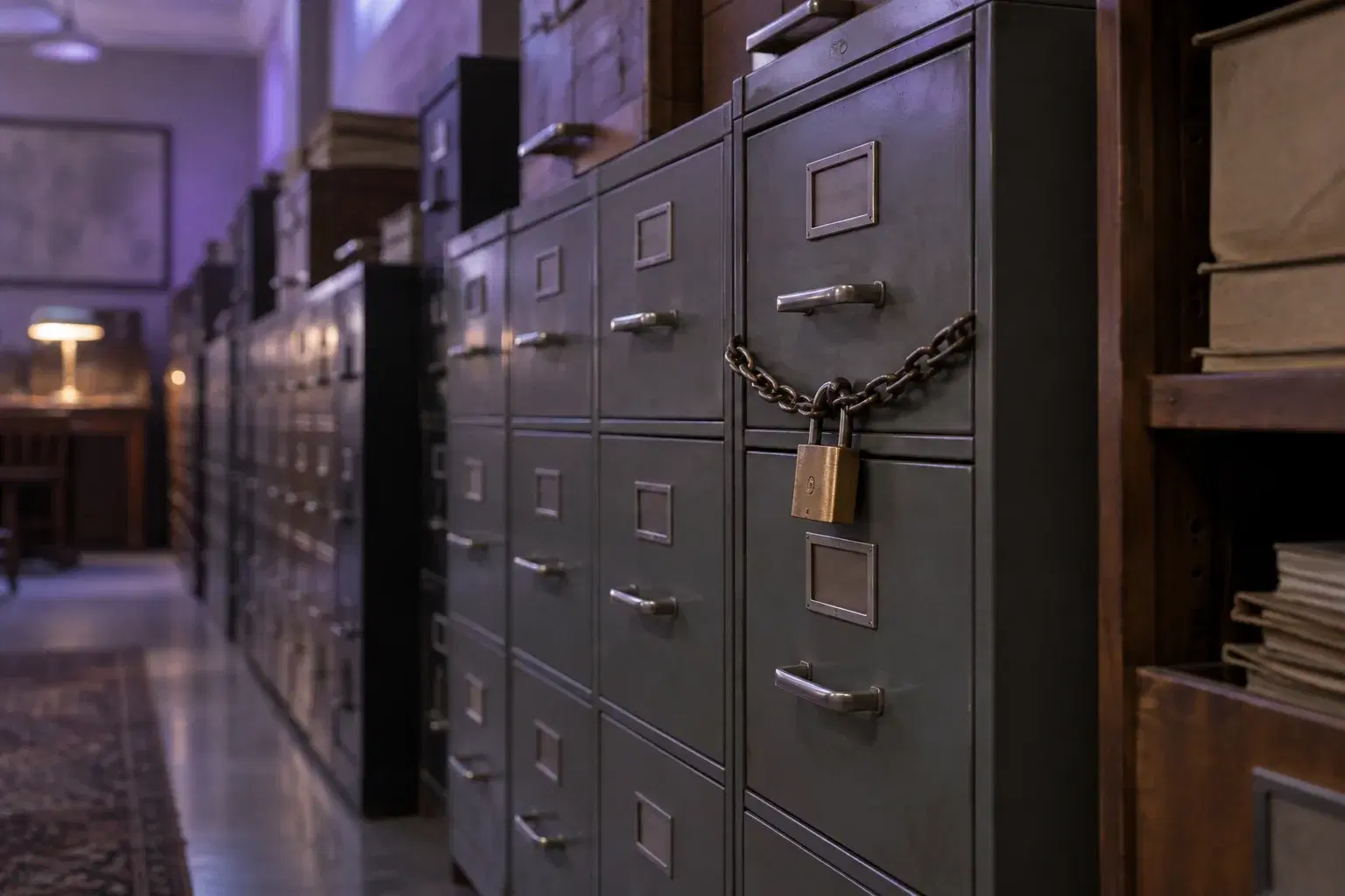 A row of closed archive drawers with a single padlock, representing staffing benchmark data locked behind membership